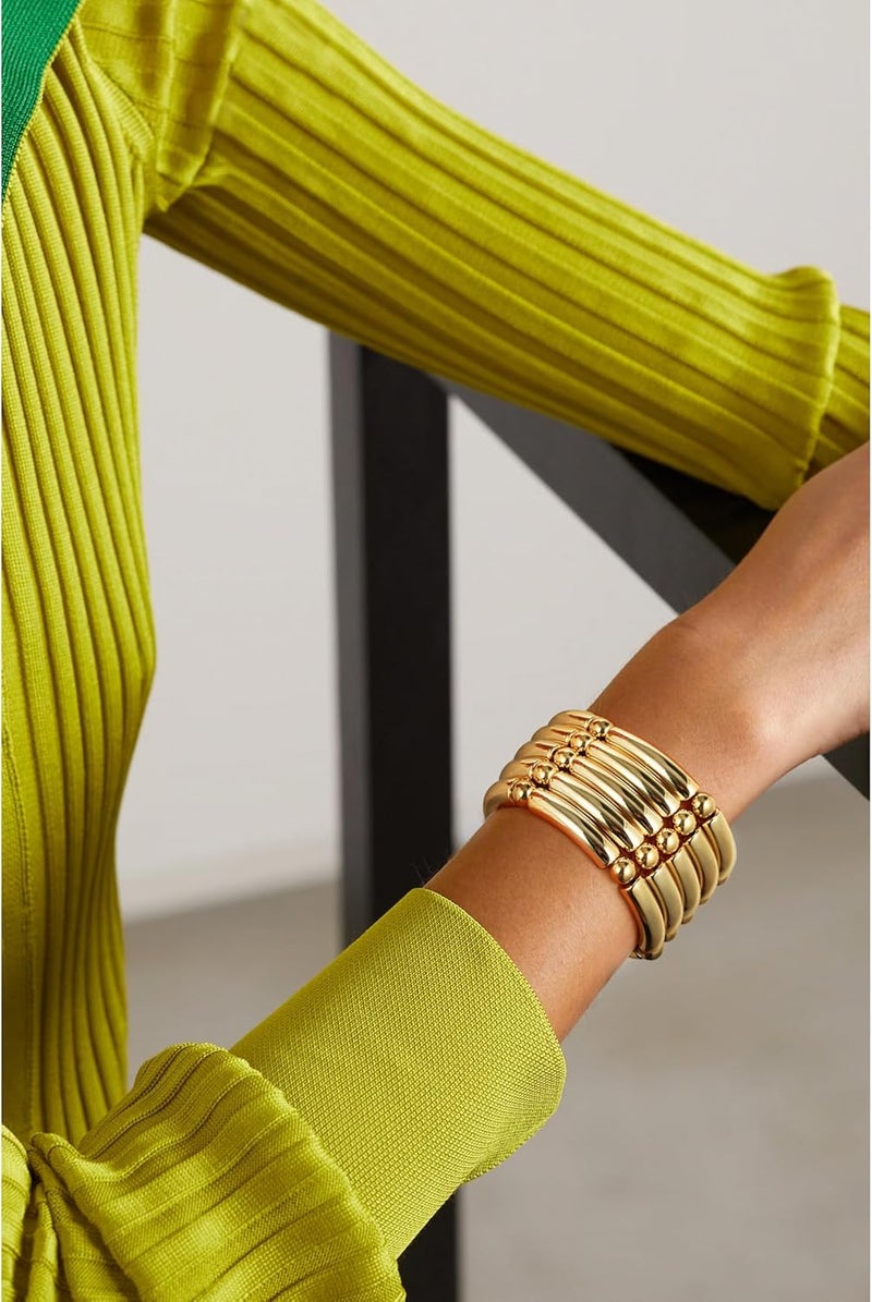 Badu Gold Chunky Bangles Bracelets For Women 14k Gold Plated Stack Layered Curved Bamboo Tube Stretch Bracelets Gift Jewelry - Image 4